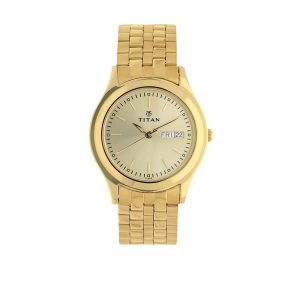 Titan 1648YM05 – Gold Dial Analog Day & Date Stainless Steel Strap Watch for Men