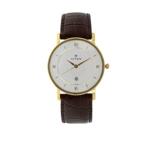 Titan 9162YL01 – White Dial Quartz Analog Watch with Brown Leather Strap for Men