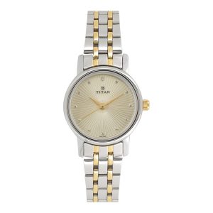 Titan Quartz Women’s Watch 2593BM01 Champagne Dial Silver Metal Strap
